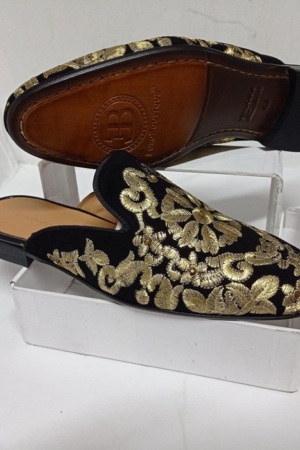 euroboutiquerx_BLACK SUEDE - GOLD EMBROIDERY - GOLD STONES - THIN LEATHER SOLE - NATURAL LINING