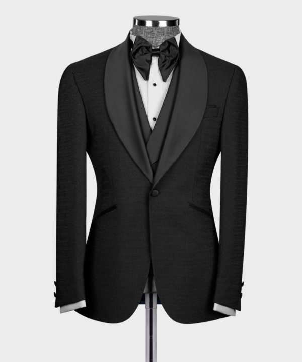 Classic Black Tuxedo Jacket With a Single-Button Closure and Satin Shawl Lapels