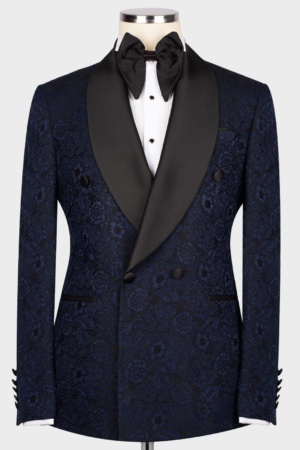 Midnight Blue Jacquard Tuxedo Jacket With Black Tuxedo Pant