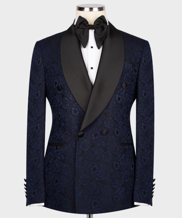 Midnight Blue Jacquard Tuxedo Jacket With Black Tuxedo Pant