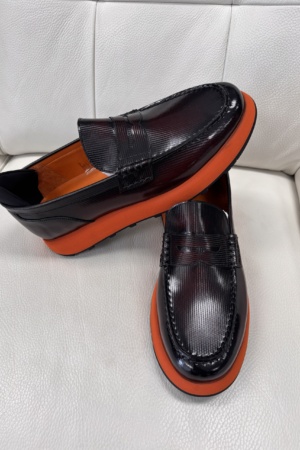 Black Penny Loafers With Bold Orange Soles