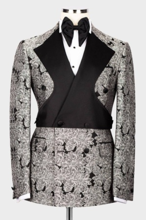 Black and White Floral Double-Breasted Tuxedo with Black Satin Lapels, Paired with a Black Tuxedo Pant.
