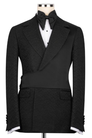 Black Double-Breasted Tuxedo with a Textured Finish and Satin Details, Paired with Black Tuxedo Pants