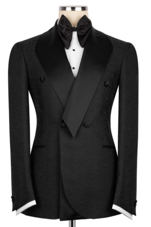 Black Double-Breasted Tuxedo with Black Satin Lapels, Paired with Black Tuxedo Pant