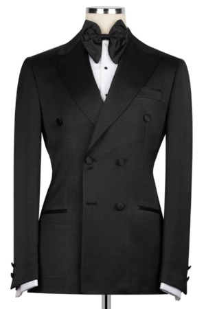 Black Textured Double-Breasted Tuxedo with Satin Lapels, Paired with Black Tuxedo Pant