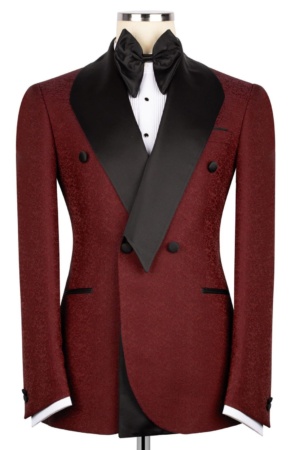 Burgundy Double-Breasted Tuxedo with Black Satin Lapels, Paired with Black Tuxedo Pants.