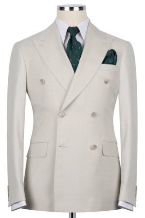 Cream Double-Breasted Suit in Super 180s Wool with a Matching Pant