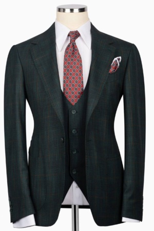 Dark Green Checked Three-Piece Suit in Fine Wool with a Matching Pant