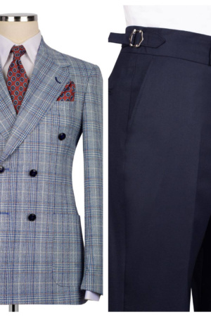 Double-Breasted Plaid Blazer Paired with Tailored Navy Pant