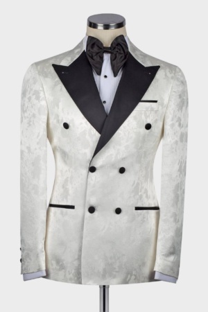 White Jacquard Double-Breasted Tuxedo with Black Satin Lapels, Paired with a Black Tuxedo Pant