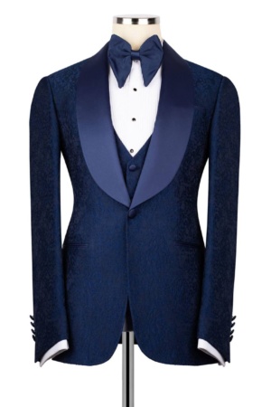 Navy Jacquard Shawl Collar Tuxedo