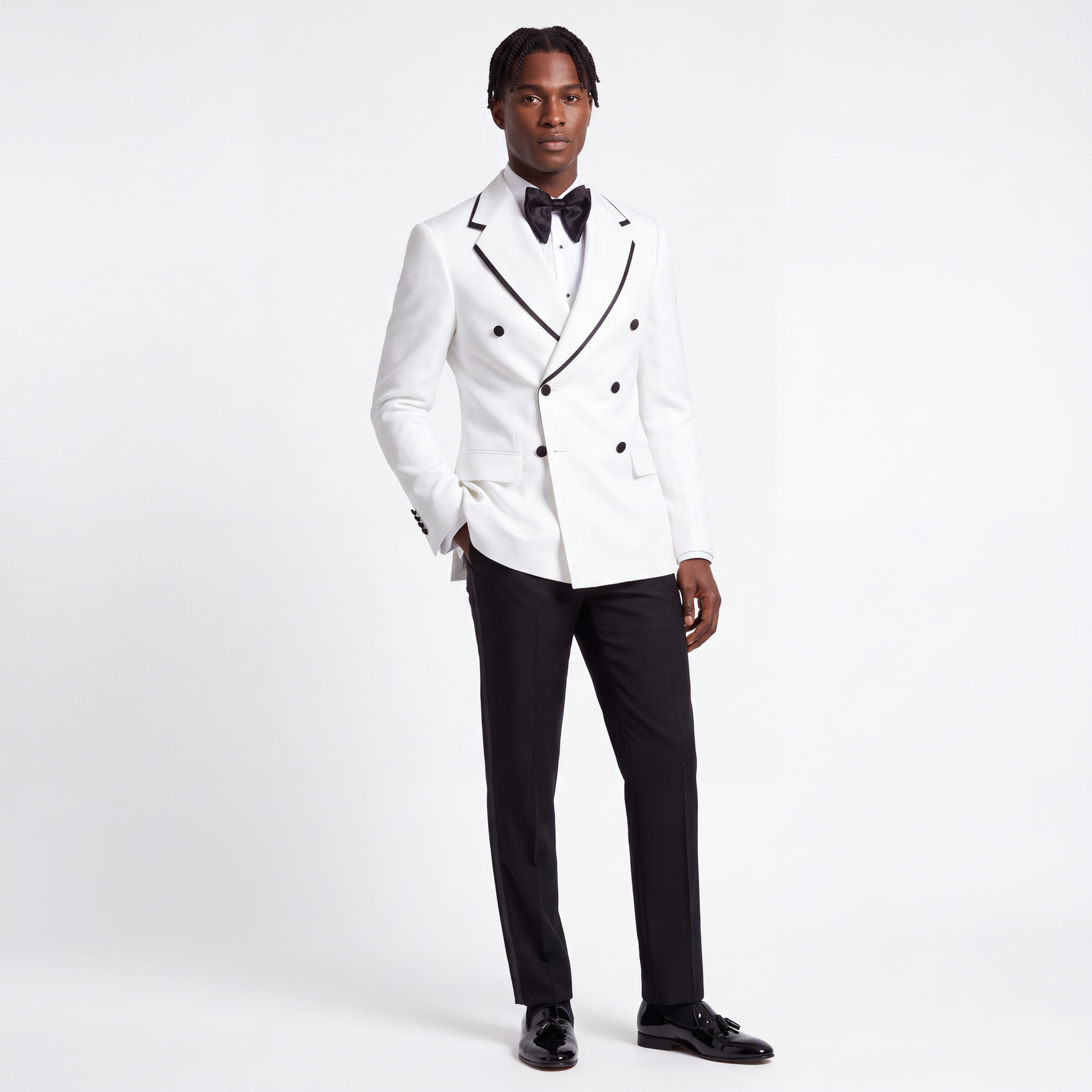 White Double-Breasted Tuxedo with Black Contrast Trim - Image 4