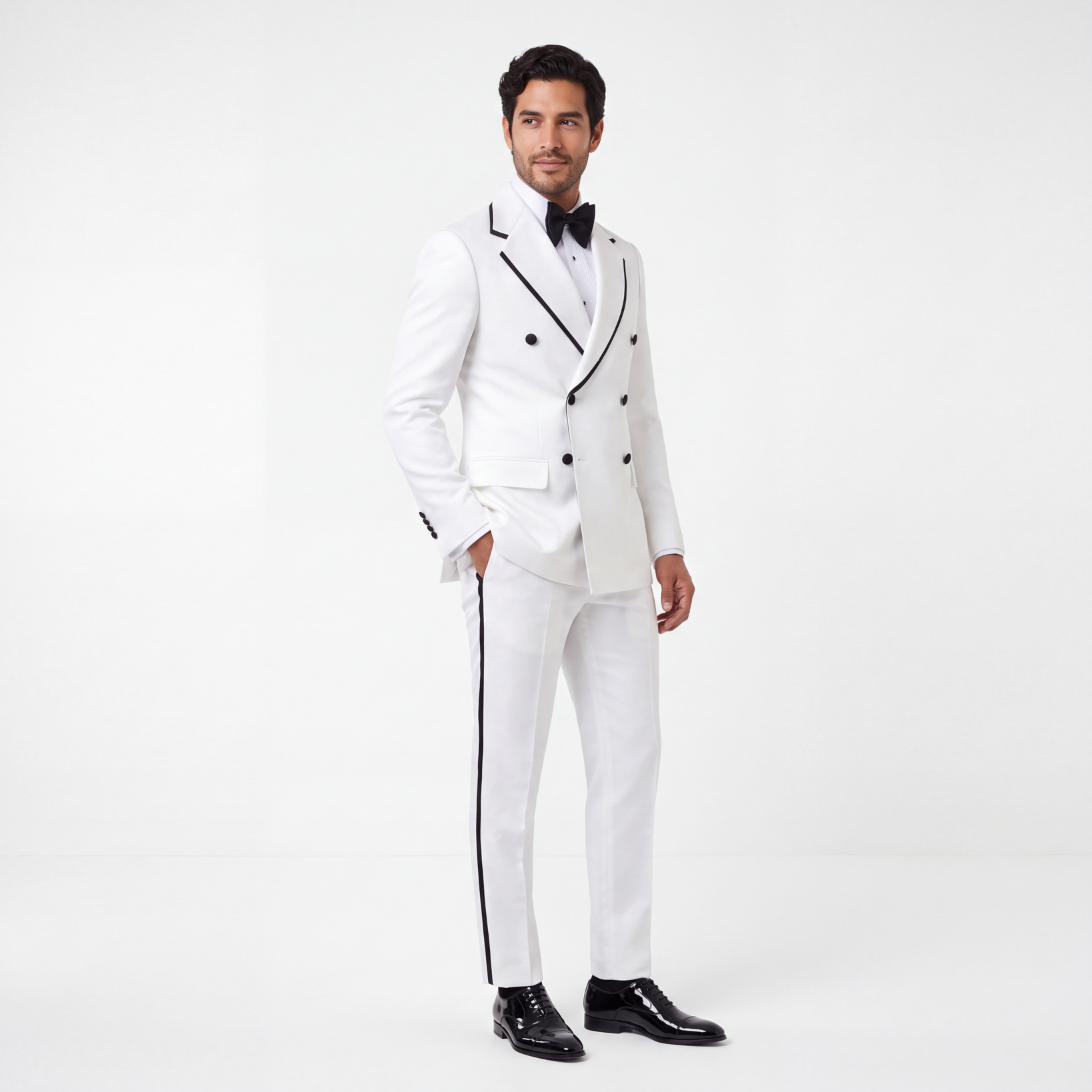 White Double-Breasted Tuxedo with Black Contrast Trim - Image 3