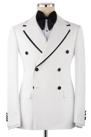 White Double-Breasted Tuxedo with Black Contrast Trim