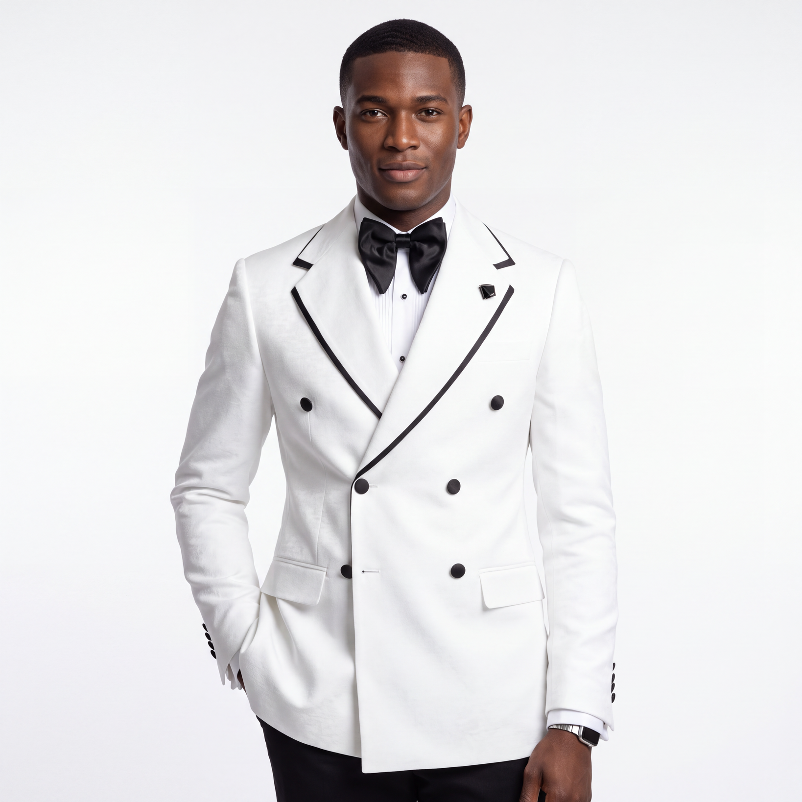 White Double-Breasted Tuxedo with Black Contrast Trim - Image 5