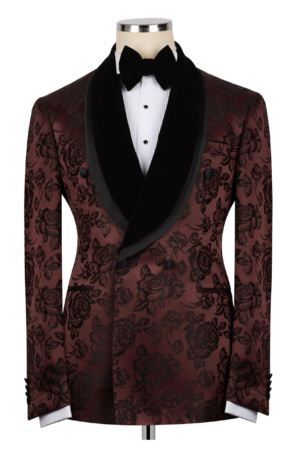 Burgundy floral tuxedo with black lapel, paired with black tuxedo pant