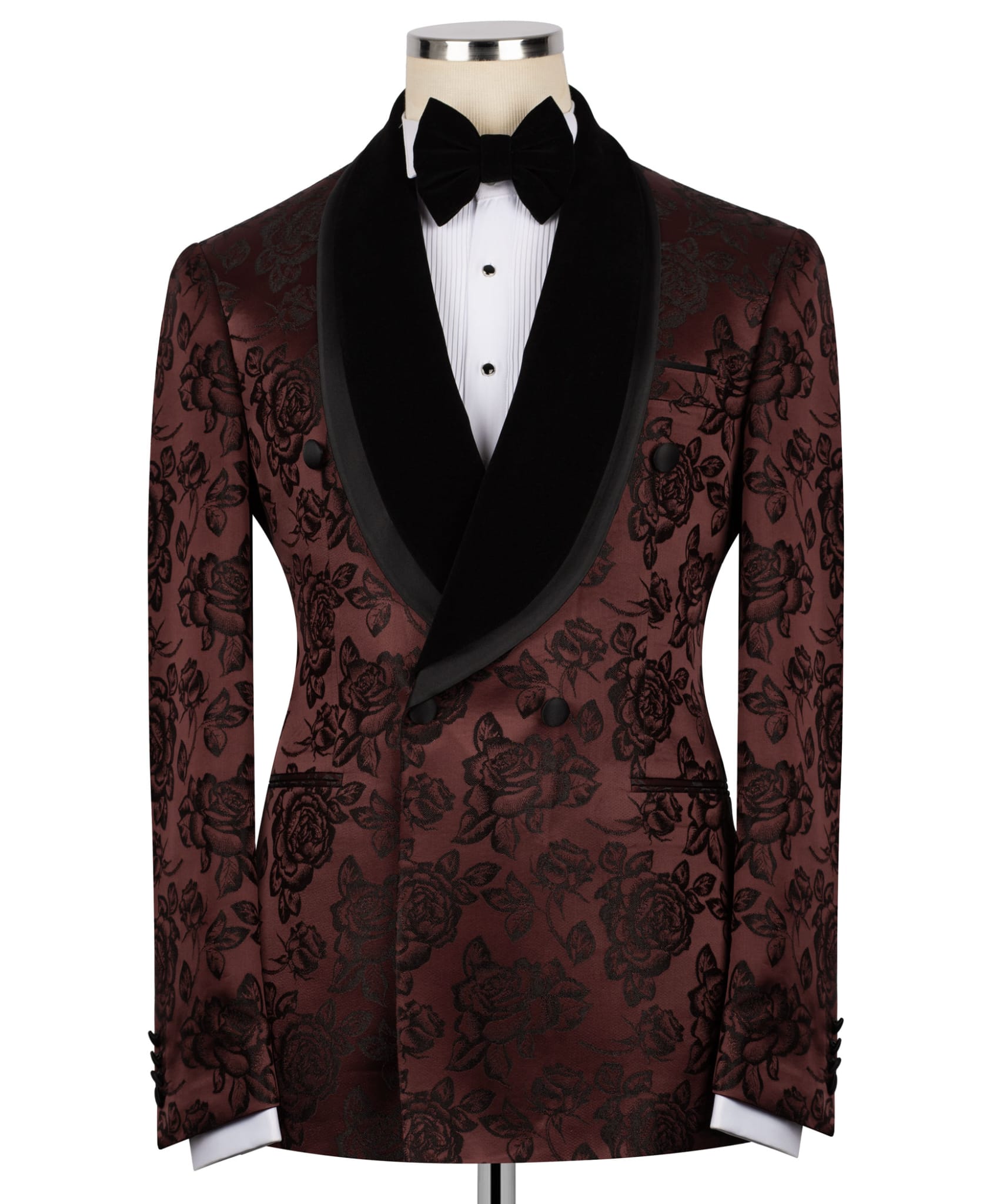 Burgundy floral tuxedo with black lapel, paired with black tuxedo pant.