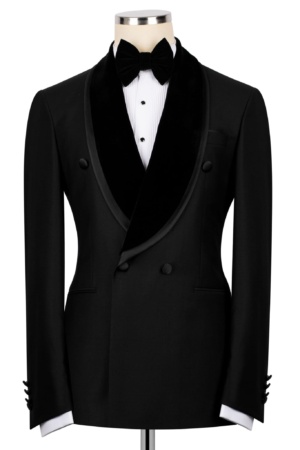 Classic black double-breasted tuxedo with shawl lapel, paired with black tuxedo pant.