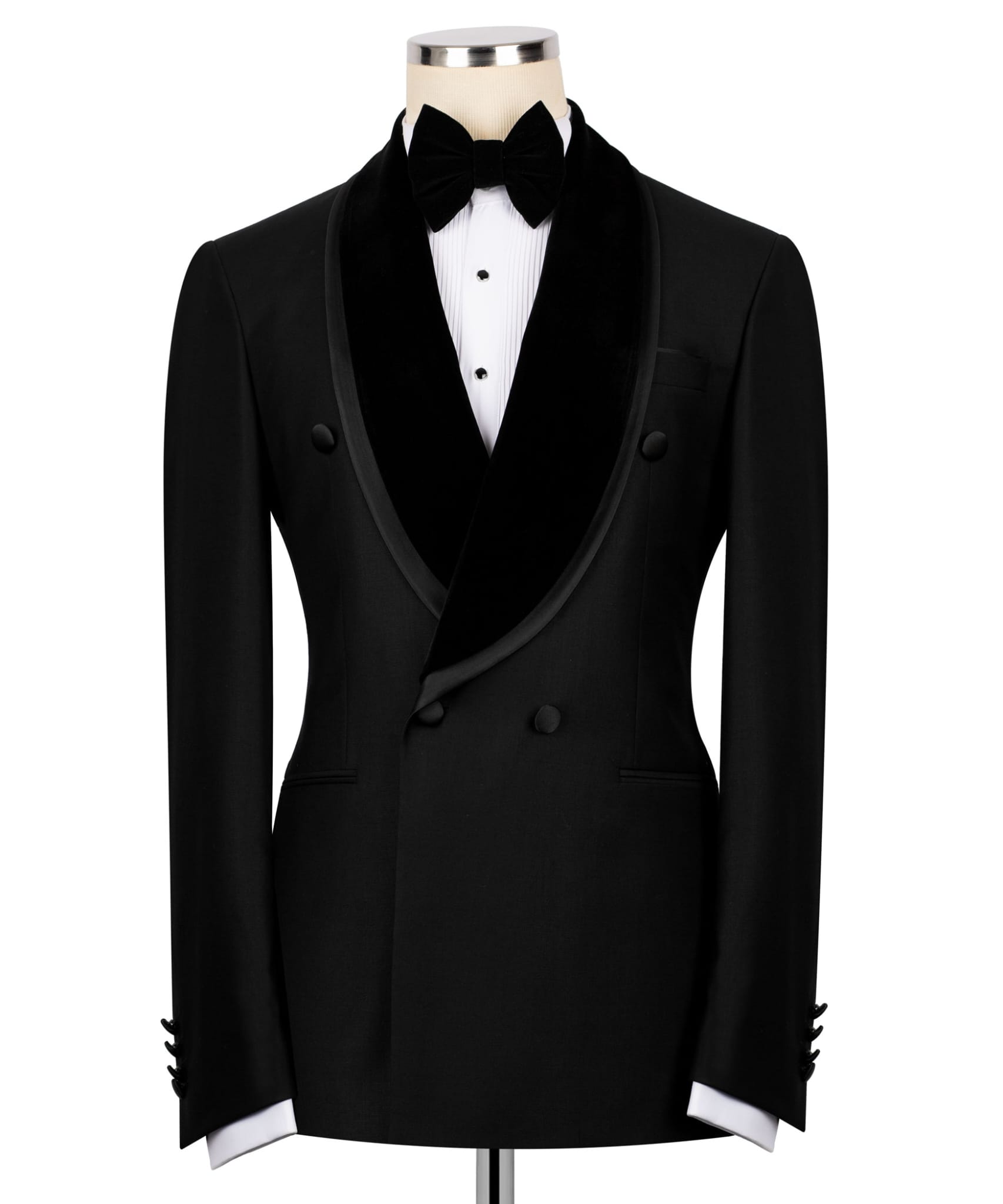 Classic black double-breasted tuxedo with shawl lapel, paired with black tuxedo pant.