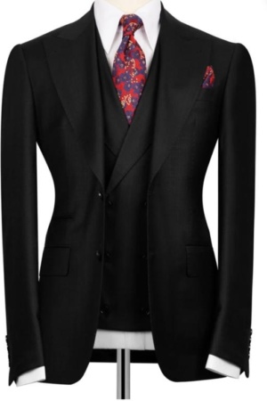 Three-piece black single-breasted suit with vest and pants