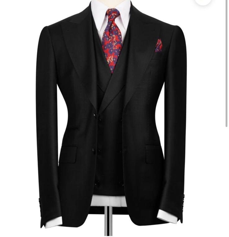 Three-piece black single-breasted suit with vest and pants