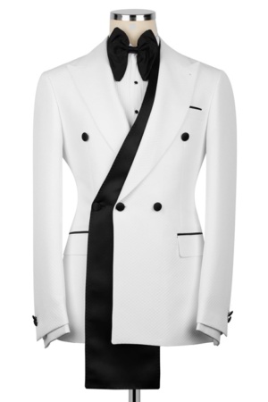 White double-breasted tuxedo, paired with black tuxedo pant