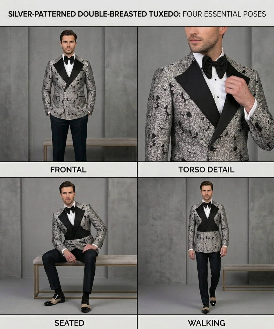 Black and White Floral Double-Breasted Tuxedo with Black Satin Lapels - Image 2