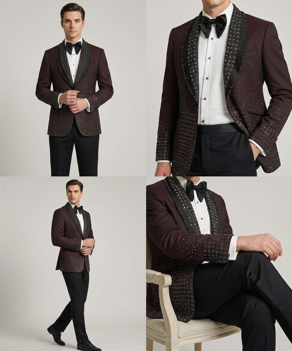 Burgundy Tuxedo with Elegant Black & Golden Detailing - Image 4