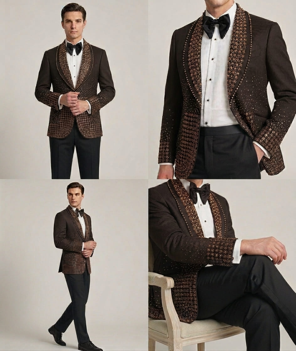 Burgundy Tuxedo with Elegant Black & Golden Detailing - Image 3