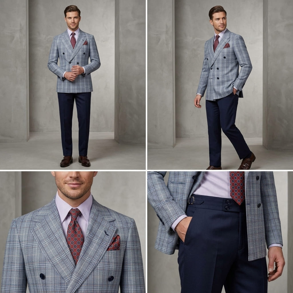 Double-Breasted Plaid Blazer Paired with Tailored Navy Pant - Image 2