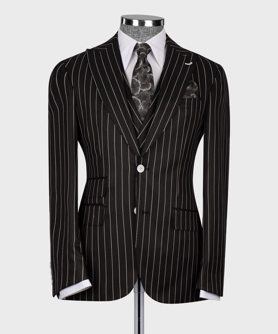 Black Pinstripe Single-Breasted Three-Piece Suit with Matching Pants - Image 4