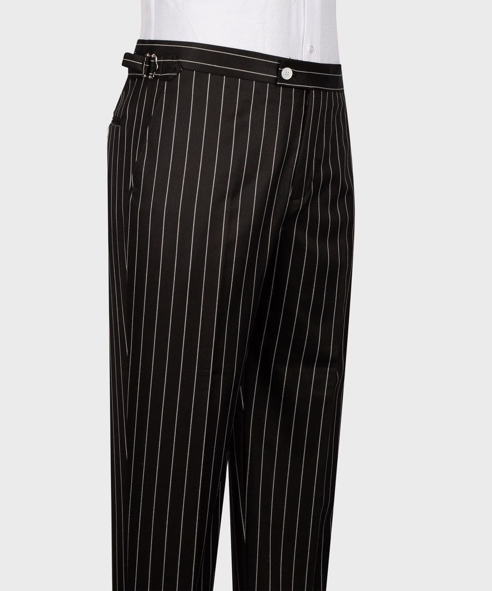 Black Pinstripe Single-Breasted Three-Piece Suit with Matching Pants - Image 2