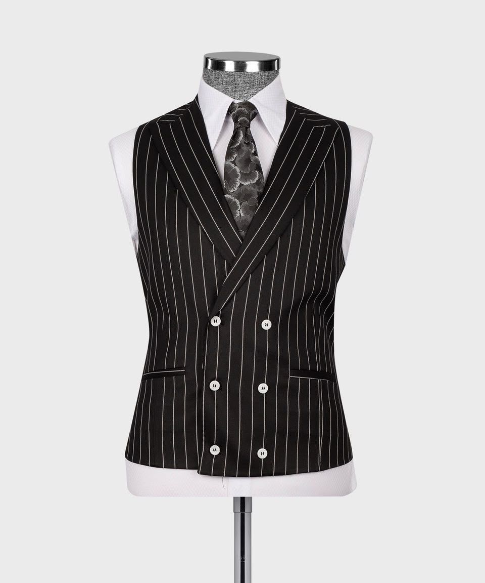 Black Pinstripe Single-Breasted Three-Piece Suit with Matching Pants - Image 3