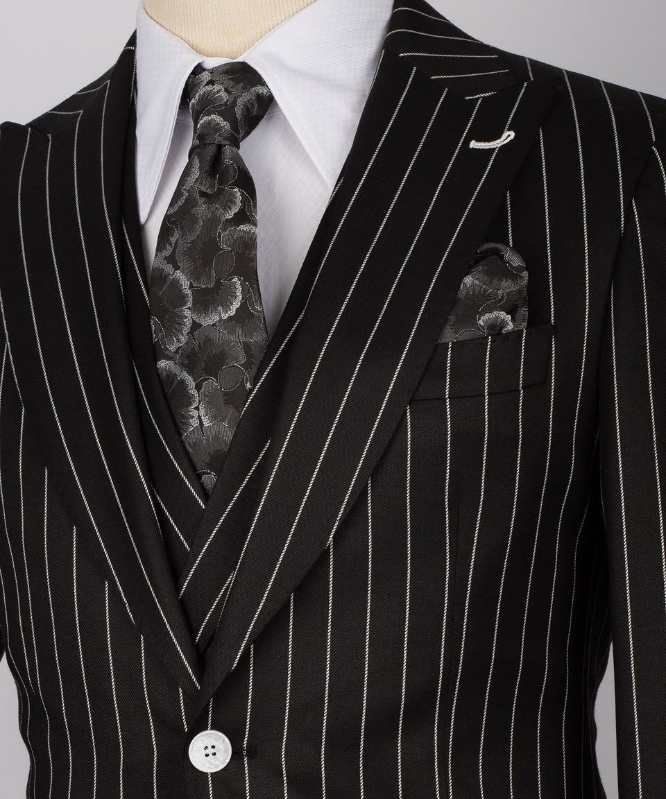 Black Pinstripe Single-Breasted Three-Piece Suit with Matching Pants - Image 5