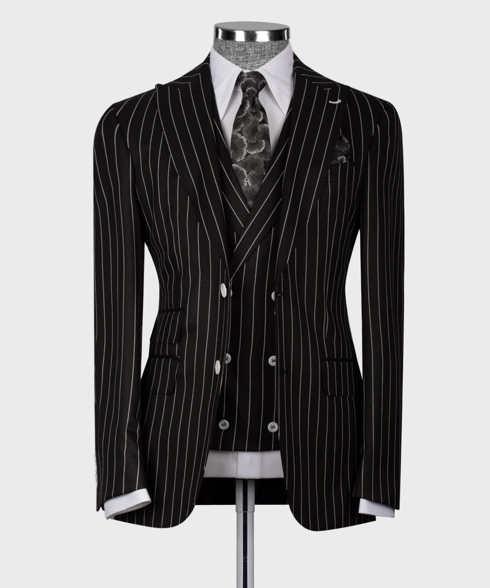 Black Pinstripe Single-Breasted Three-Piece Suit with Matching Pants