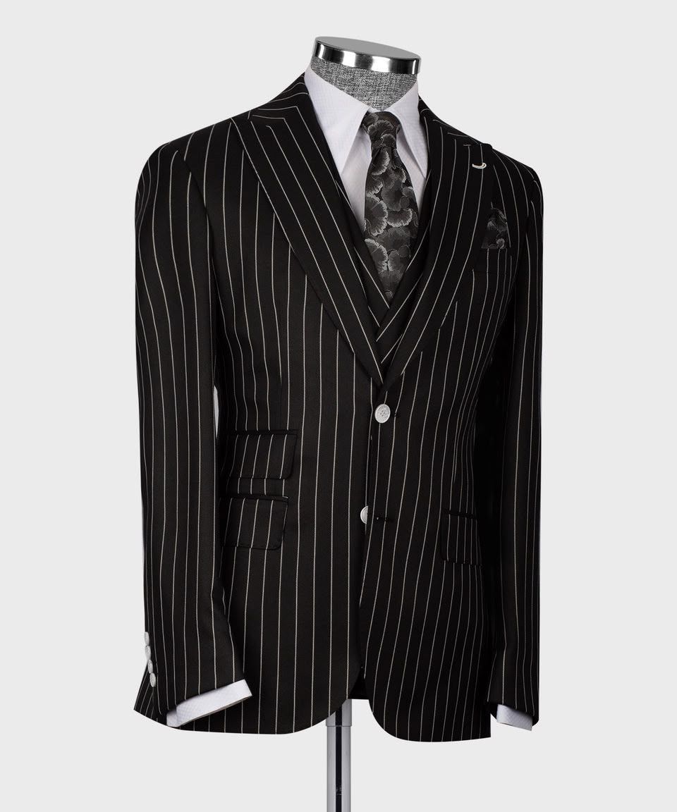 Black Pinstripe Single-Breasted Three-Piece Suit with Matching Pants - Image 6