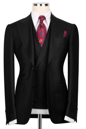 Classic Black Super 220’s Wool Three-Piece Suit with Matching Pants