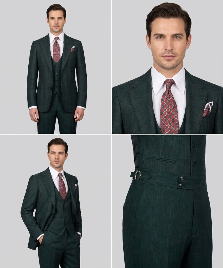 Dark Green Checked Three-Piece Suit in Fine Wool with a Matching Pant - Image 3