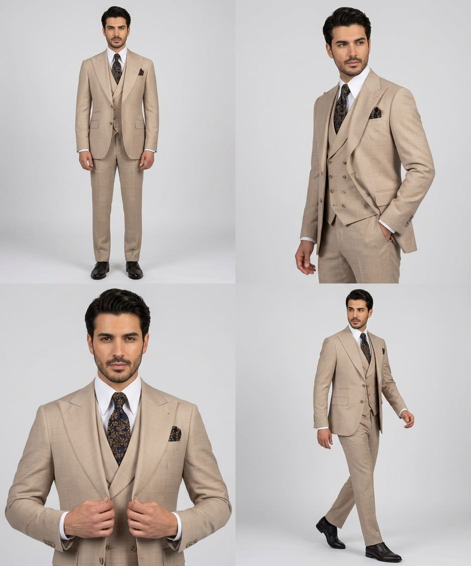 Light Biege Three-Piece Suit in Fine Wool with a Matching Pant - Image 2