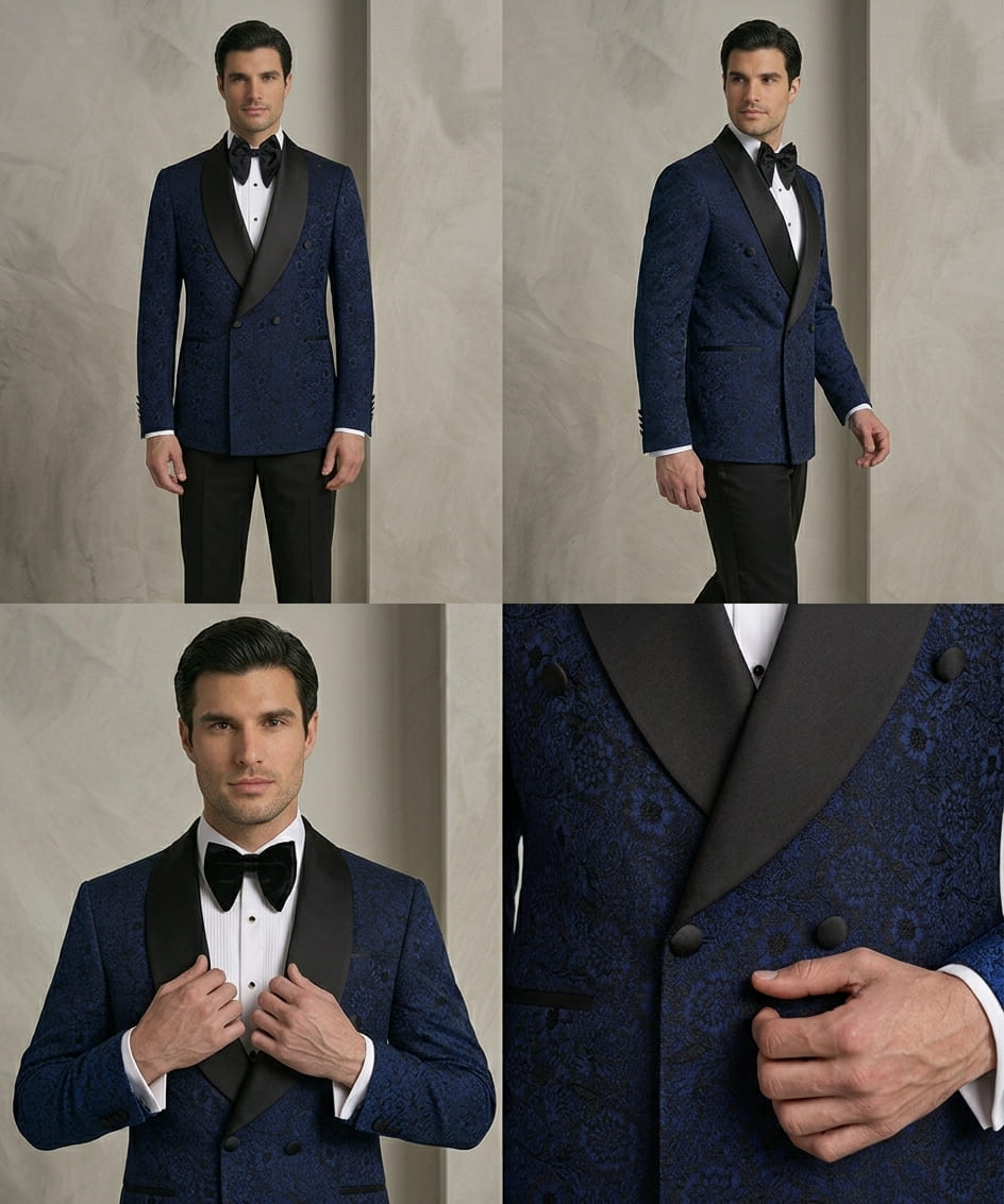 Midnight Blue Jacquard Tuxedo Jacket With Black Tuxedo Pant - Image 2