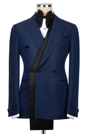 Navy Blue Double-Breasted Silk Satin Tuxedo
