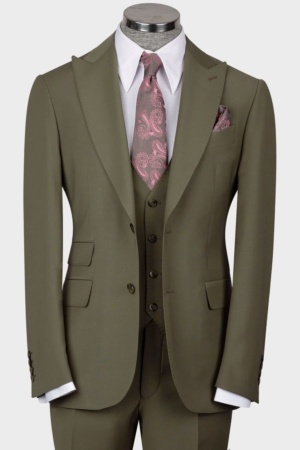 Olive Green Super 220’s Wool Three-Piece Suit with Matching Pants