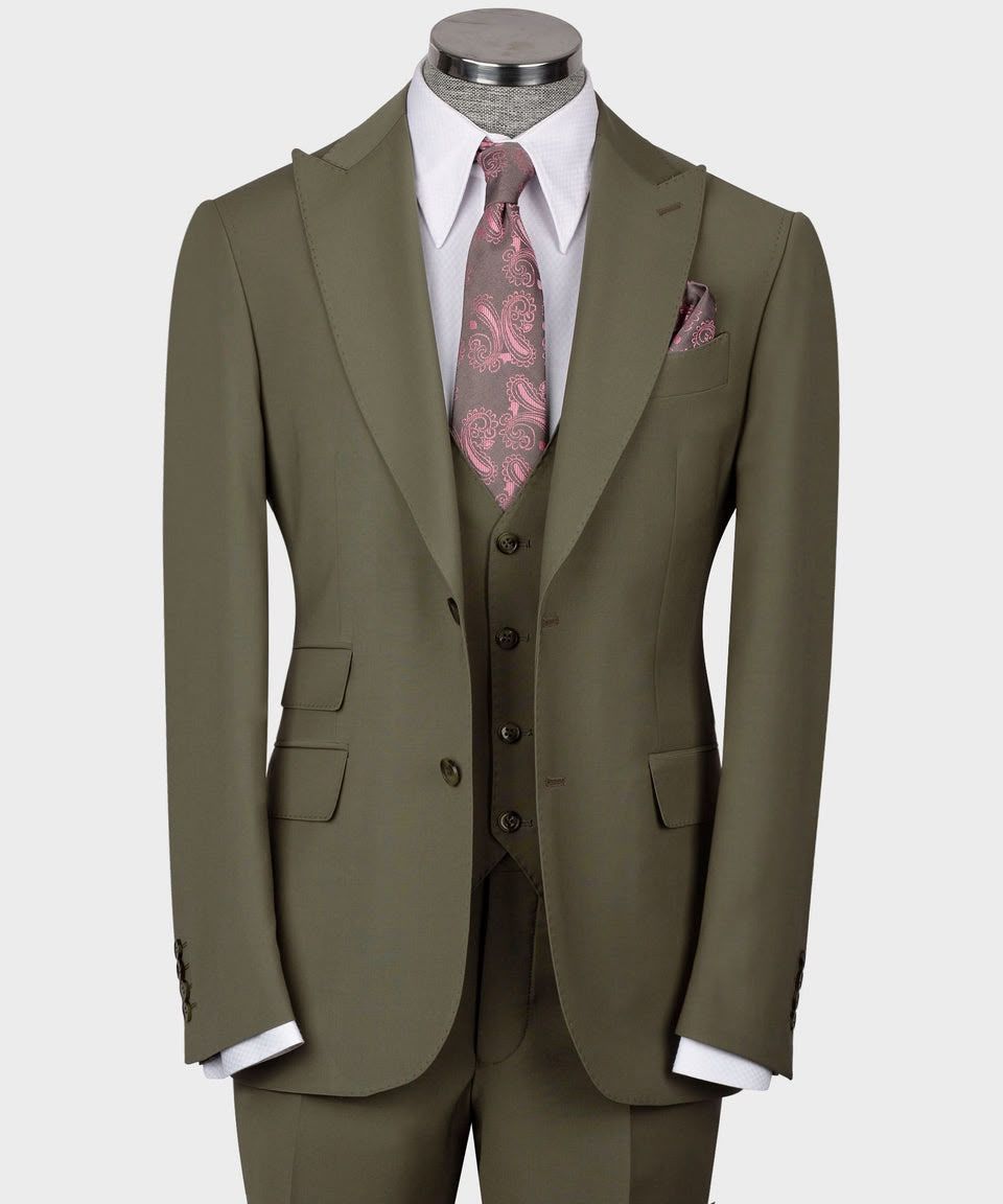 Olive Green Super 220’s Wool Three-Piece Suit with Matching Pants