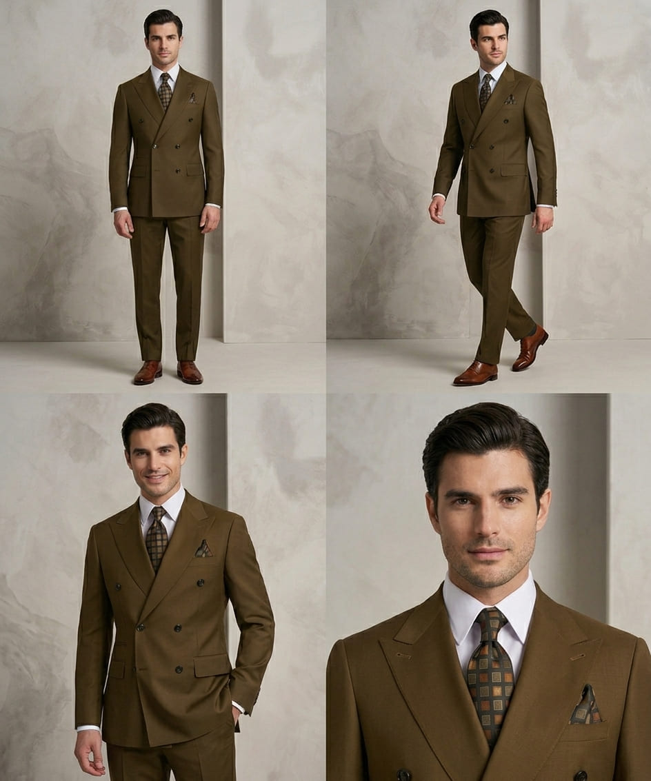 Olive Brown Double-Breasted Suit with Super 220 Wool - Image 2