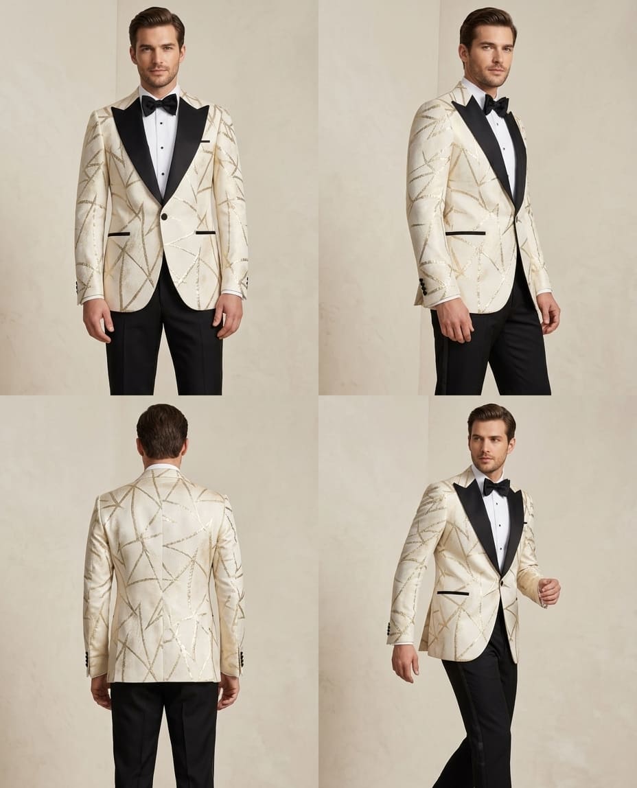 White and Black Tuxedo with Gold and Black Pattern - Image 2
